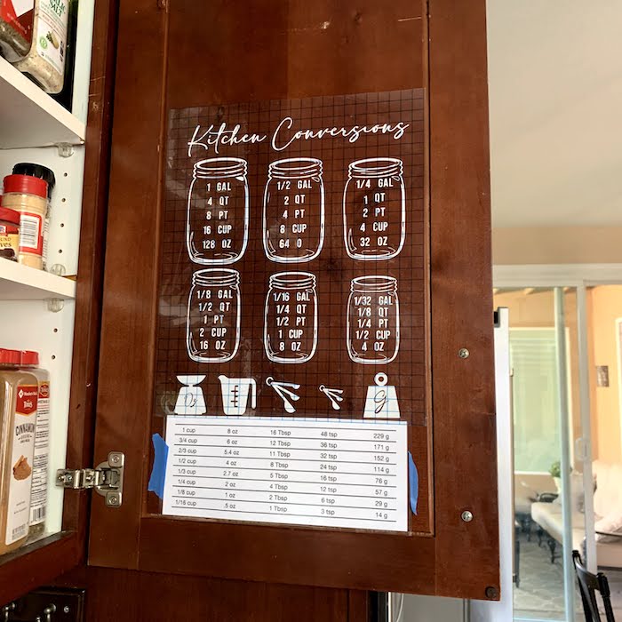 Kitchen Conversion chart on cabinet door